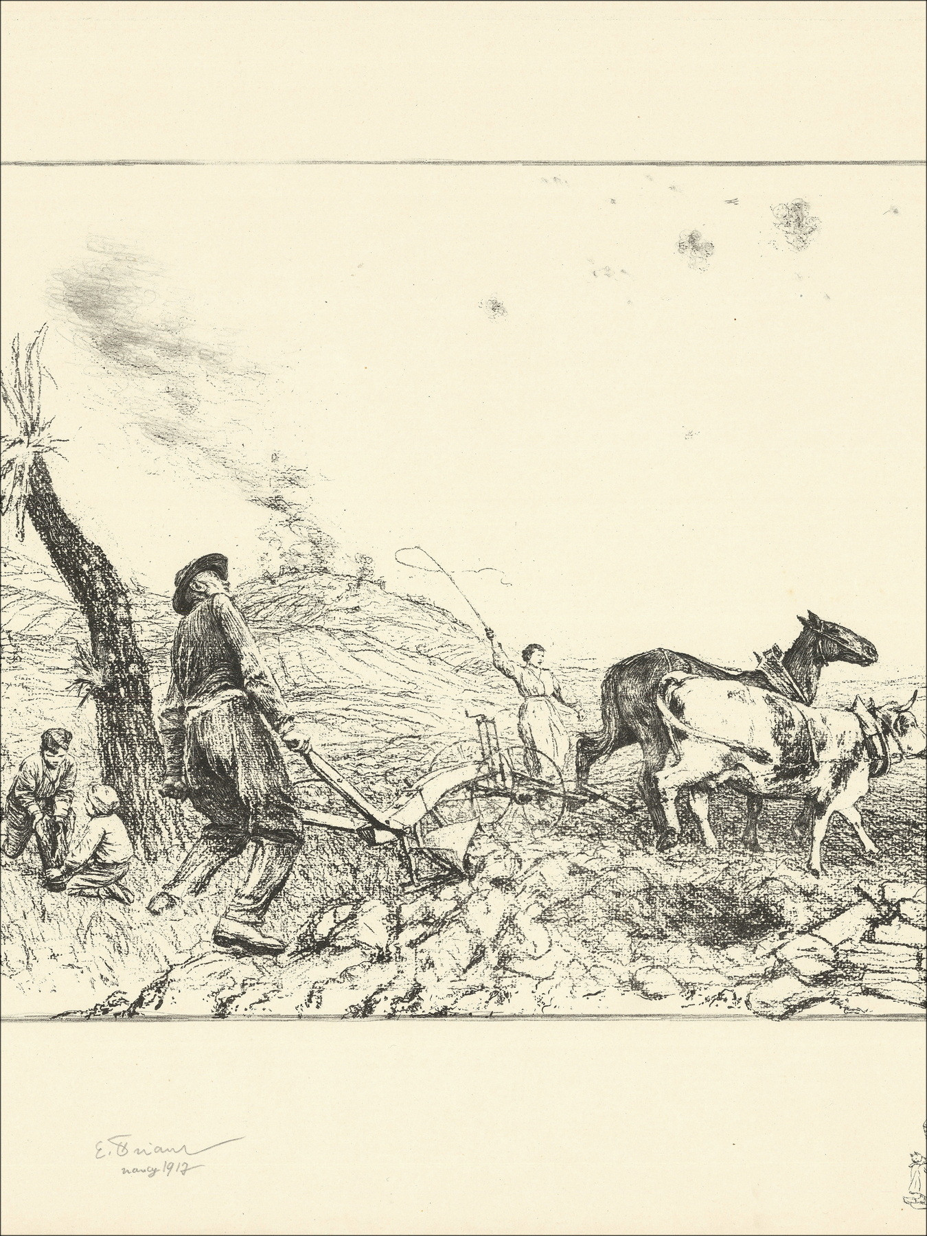 Lithographie "Travaux des champs, Honneur à ces vaillants !" 50x65cm - Signée au crayon