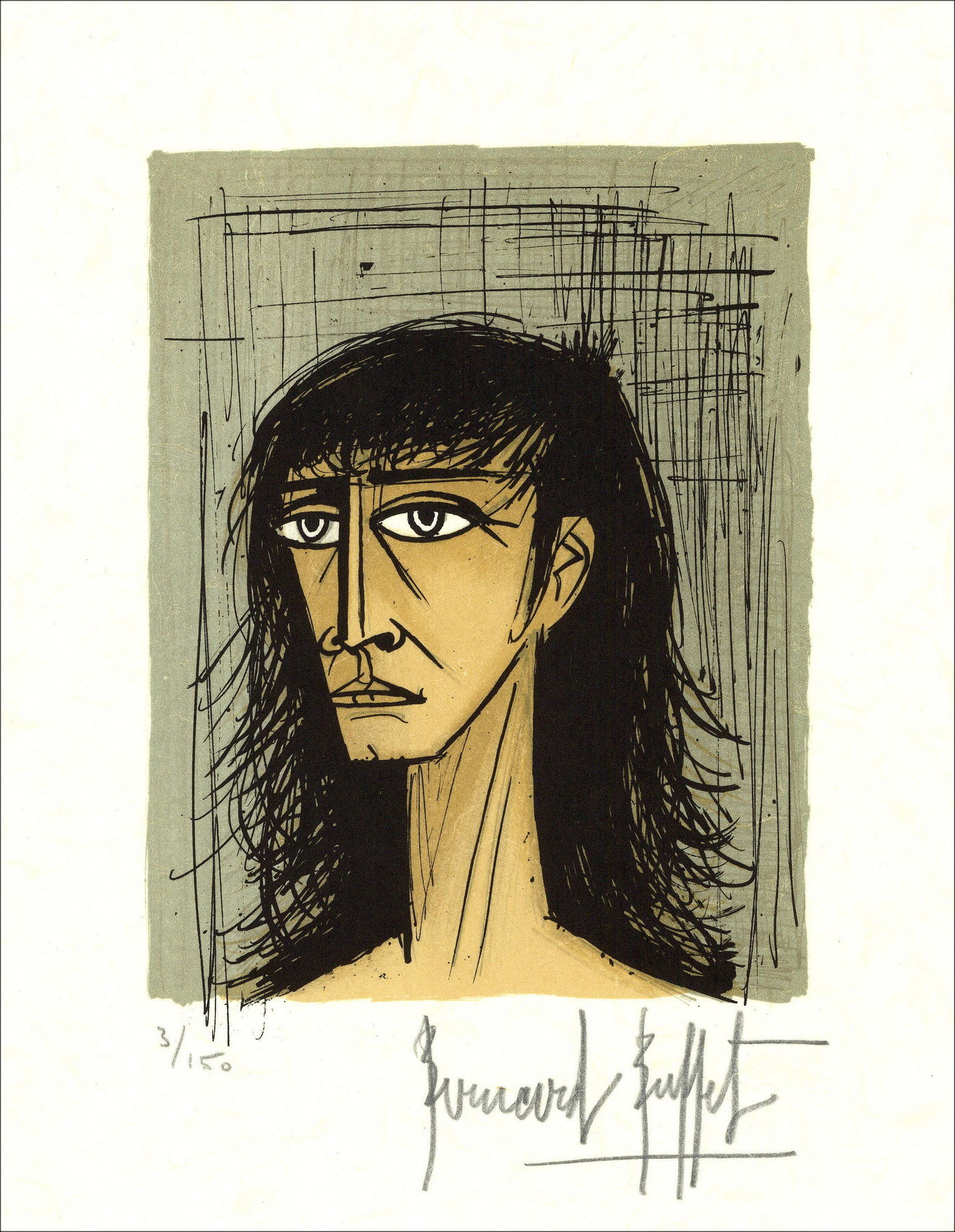 Bernard Buffet - Kleine vrouw hoofd 1980, ondertekende lithografie