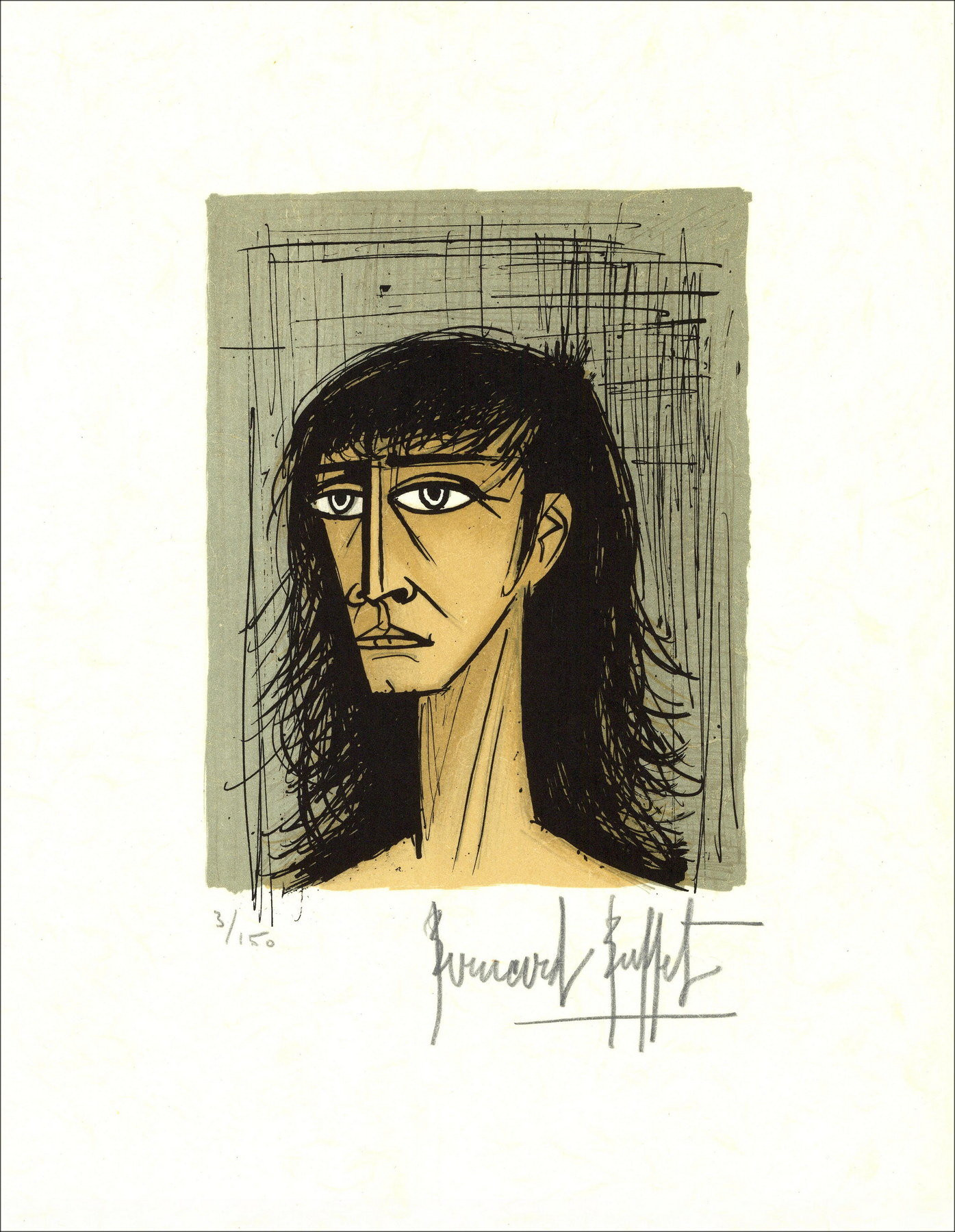 Bernard Buffet - Kleine vrouw hoofd 1980, ondertekende lithografie
