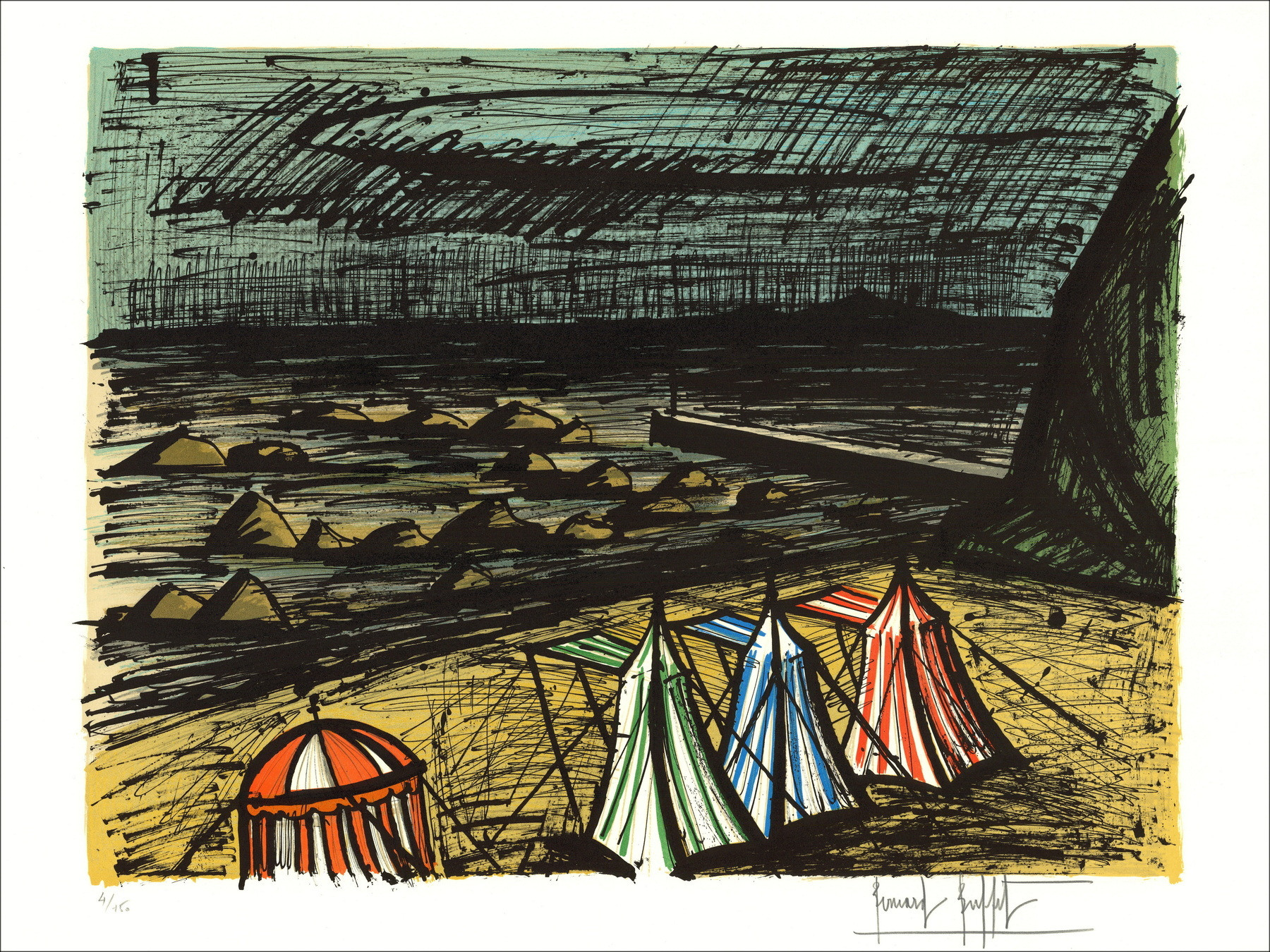 Bernard Buffet – Tentes sur la plage 1983 | Lithographie originale
