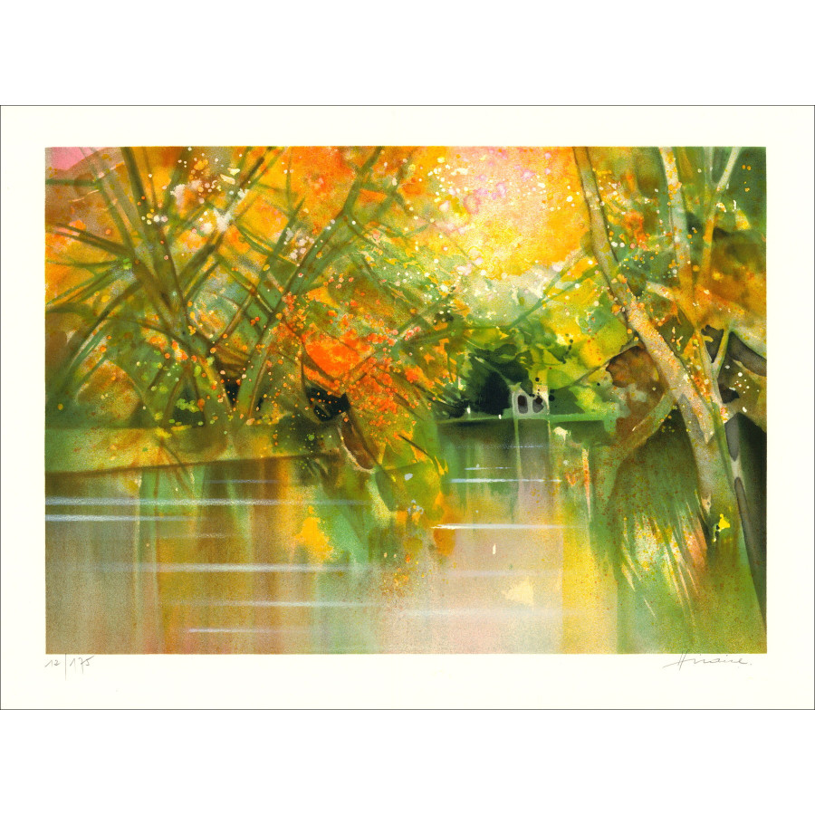 Camille HILAIRE - Litografía original "Estanque de Otoño" 56x76cm