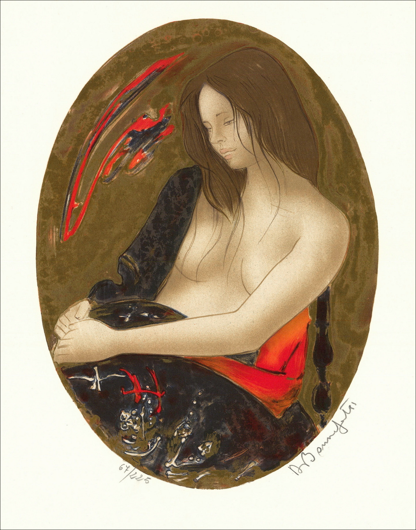 BONNEFOIT Alain - Original Lithographie "Nackte Frau mit Tuch" 32x24cm - 1991