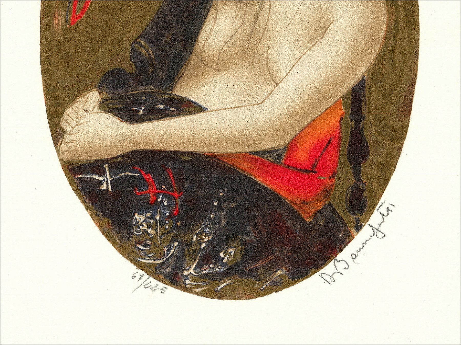 Alain Bonnefoit Koop originele lithografie naakte vrouw met rood vel