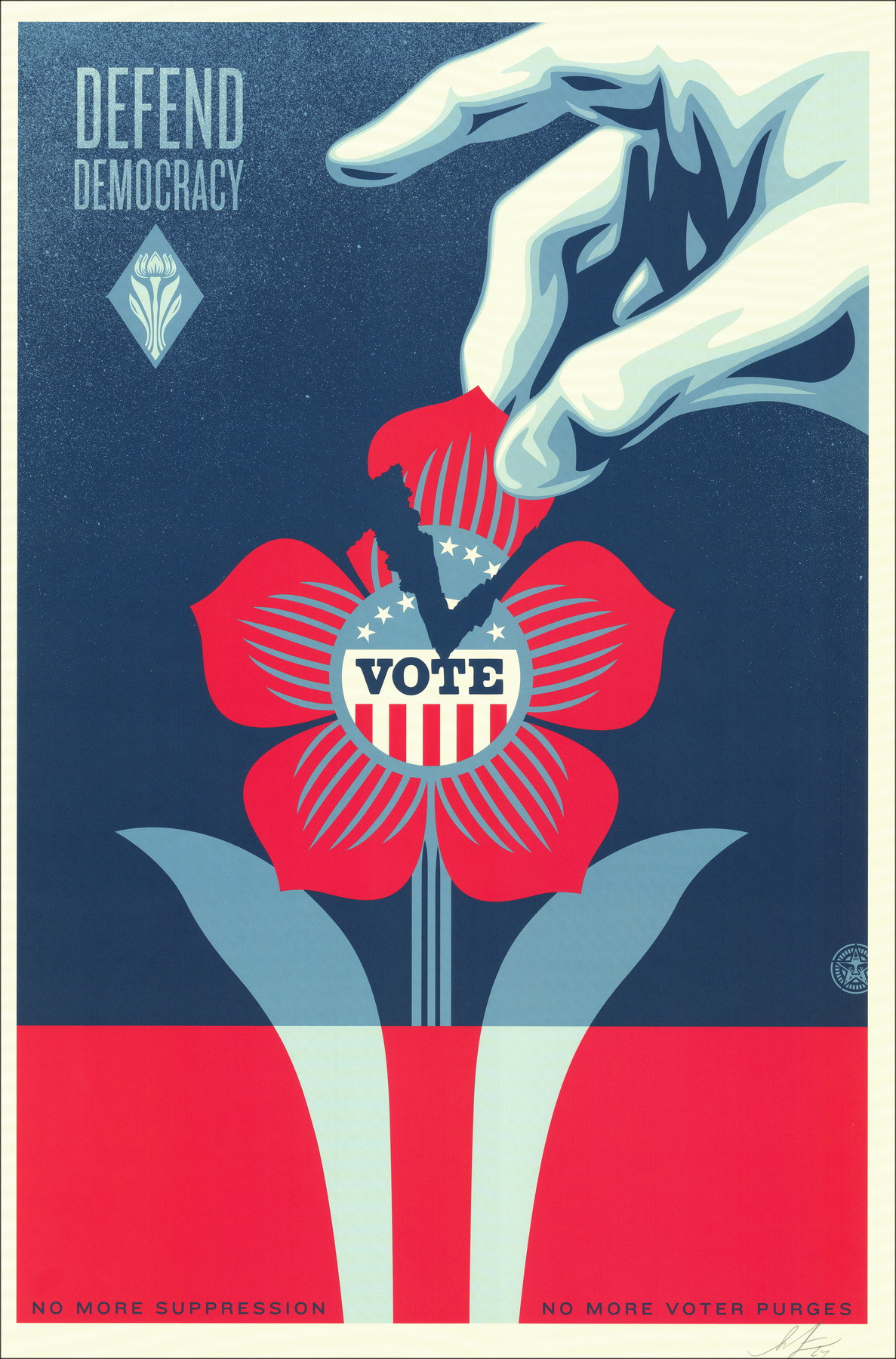 Shepard Fairey (Obey) - Verdedig Democratie circa 2024 | Zeefdruk