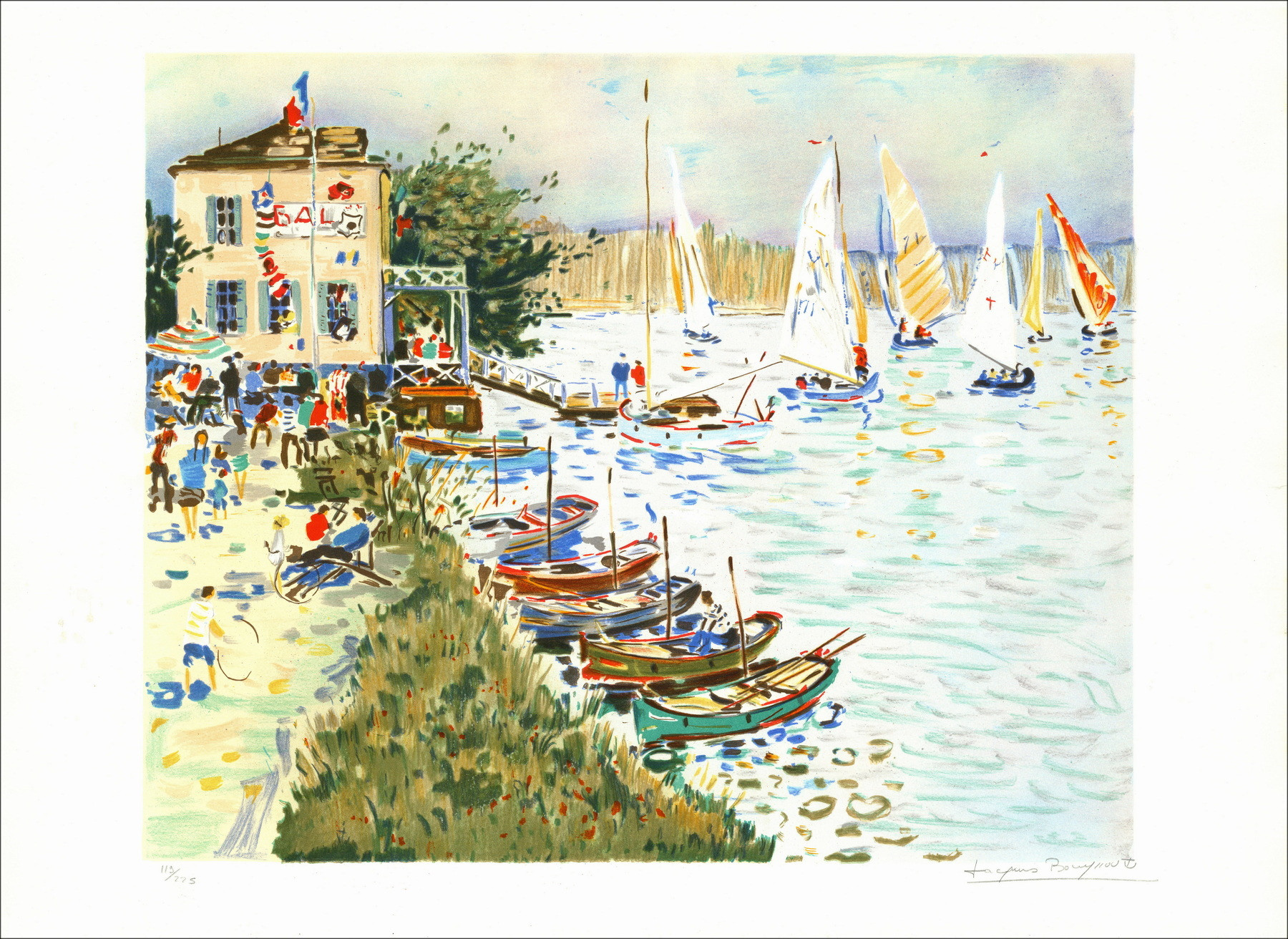 Jacques Bouyssou - Boats, regatta along the Seine | Lithograph