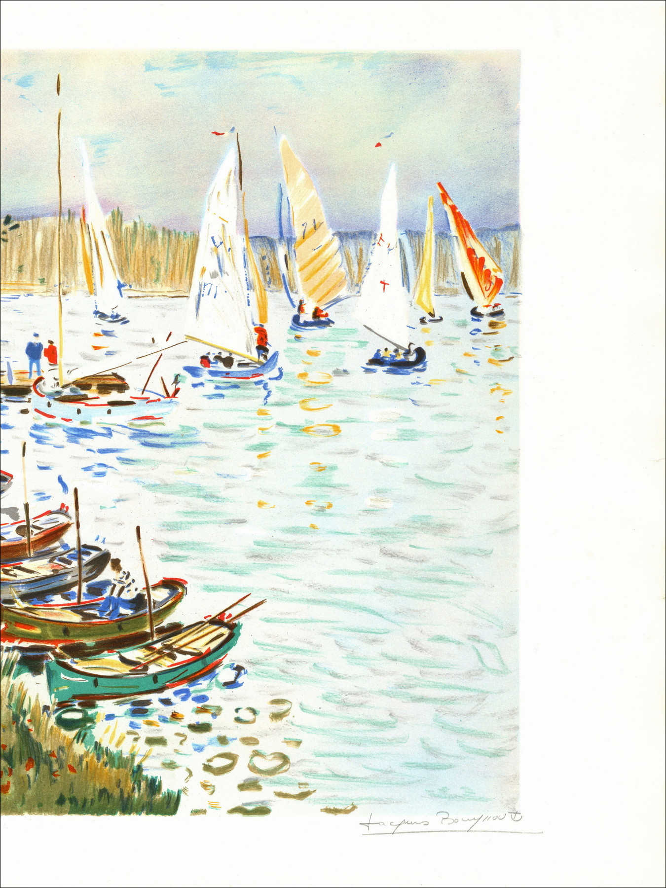 Jacques Bouyssou - Barcos, regata en la orilla del Sena | Litografía