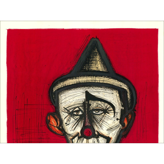 BUFFET Bernard - Original lithograph "Mon cirque, Clown in red background" 74x56cm - 1968