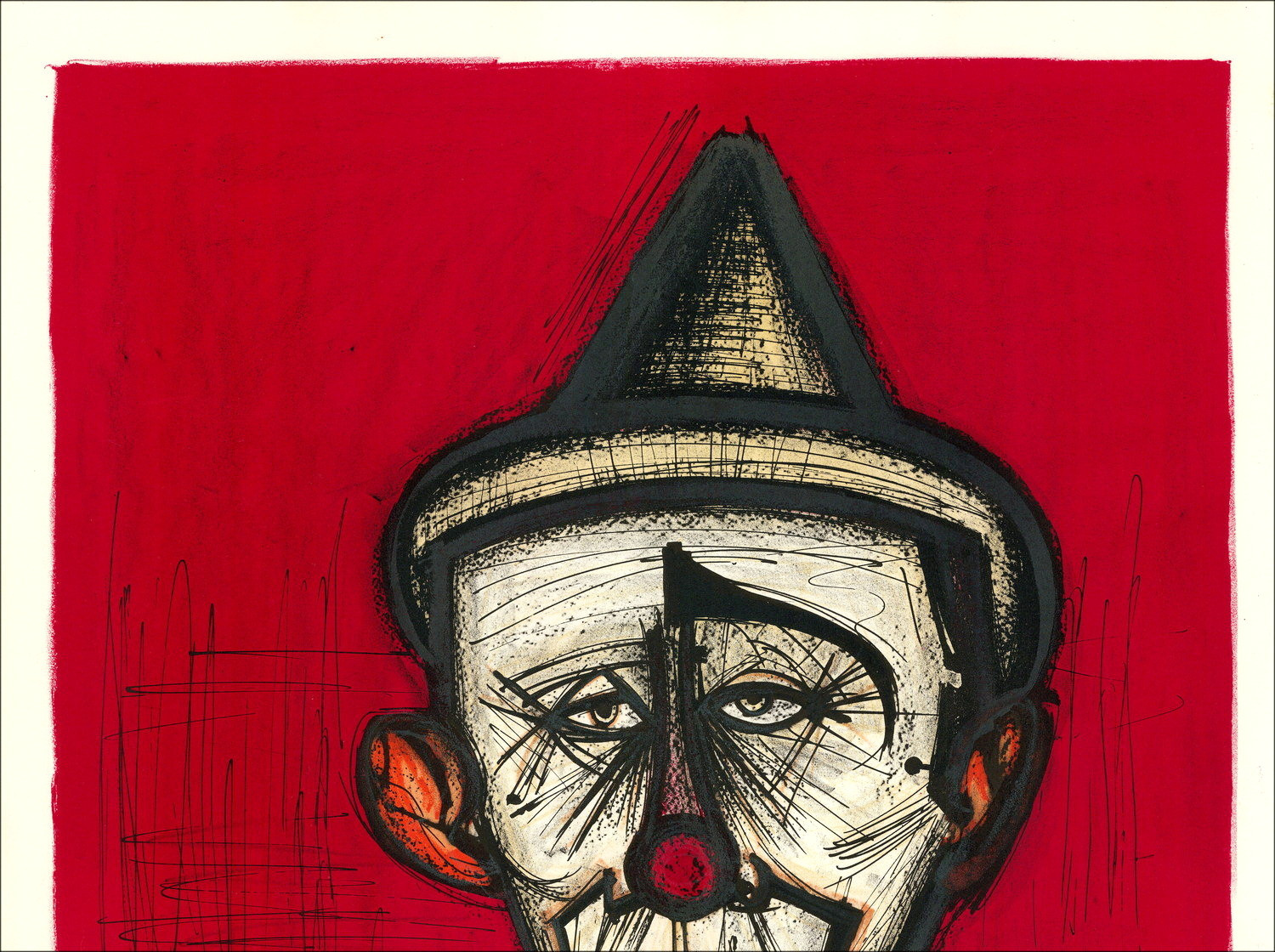 BUFFET Bernard - Original lithograph "Mon cirque, Clown in red background" 74x56cm - 1968
