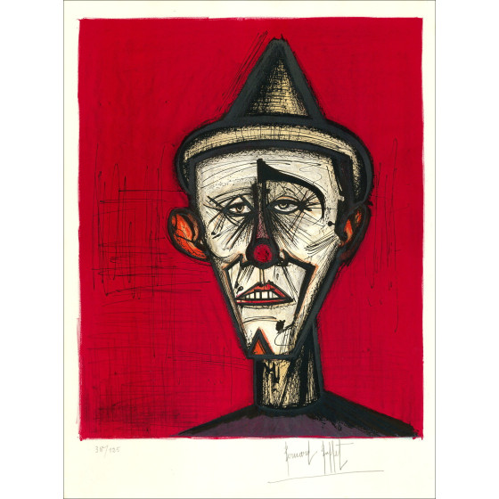 BUFFET Bernard - Original Lithografie "Mein Zirkus, Clown auf rotem Hintergrund" 74x56cm - 1968