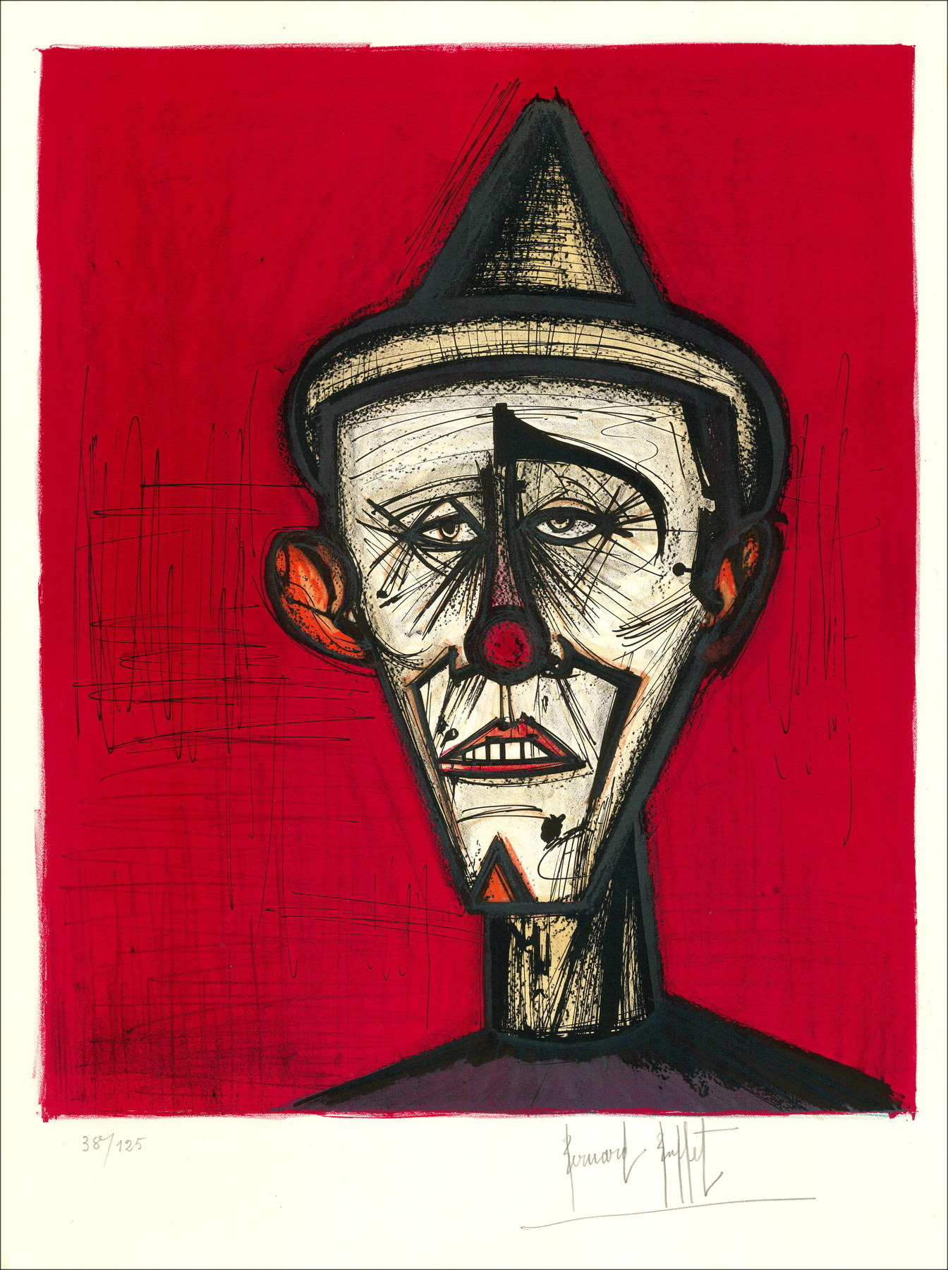 BUFFET Bernard - Original lithograph "Mon cirque, Clown in red background" 74x56cm - 1968