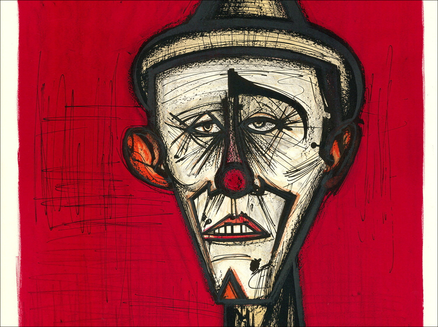 Bernard Buffet, Circo, clown su sfondo rosso 1968, litografia firmata