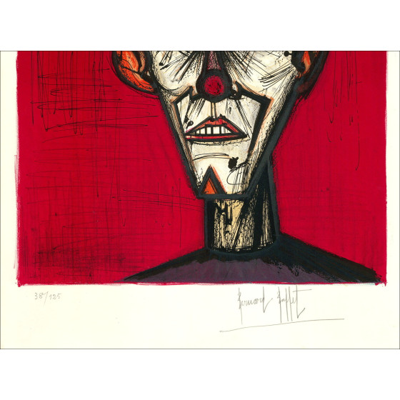 Bernard Buffet, Circo, clown su sfondo rosso 1968, litografia firmata