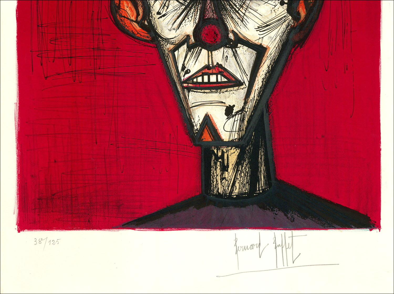BUFFET Bernard - Original lithograph "Mon cirque, Clown in red background" 74x56cm - 1968