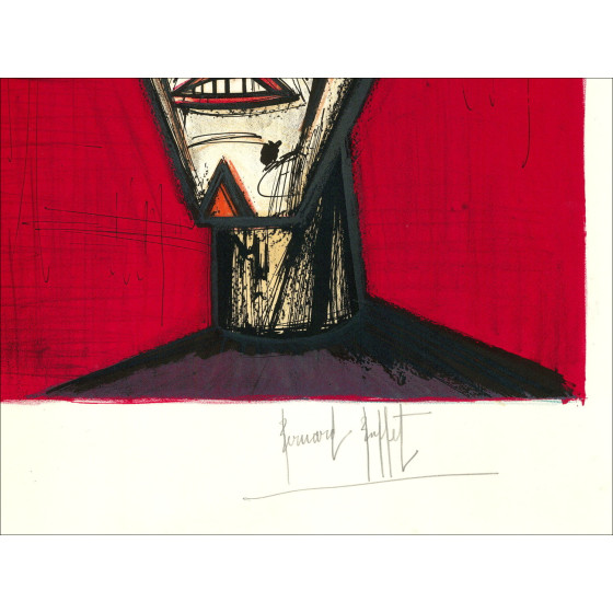 BUFFET Bernard - Original lithograph "Mon cirque, Clown in red background" 74x56cm - 1968