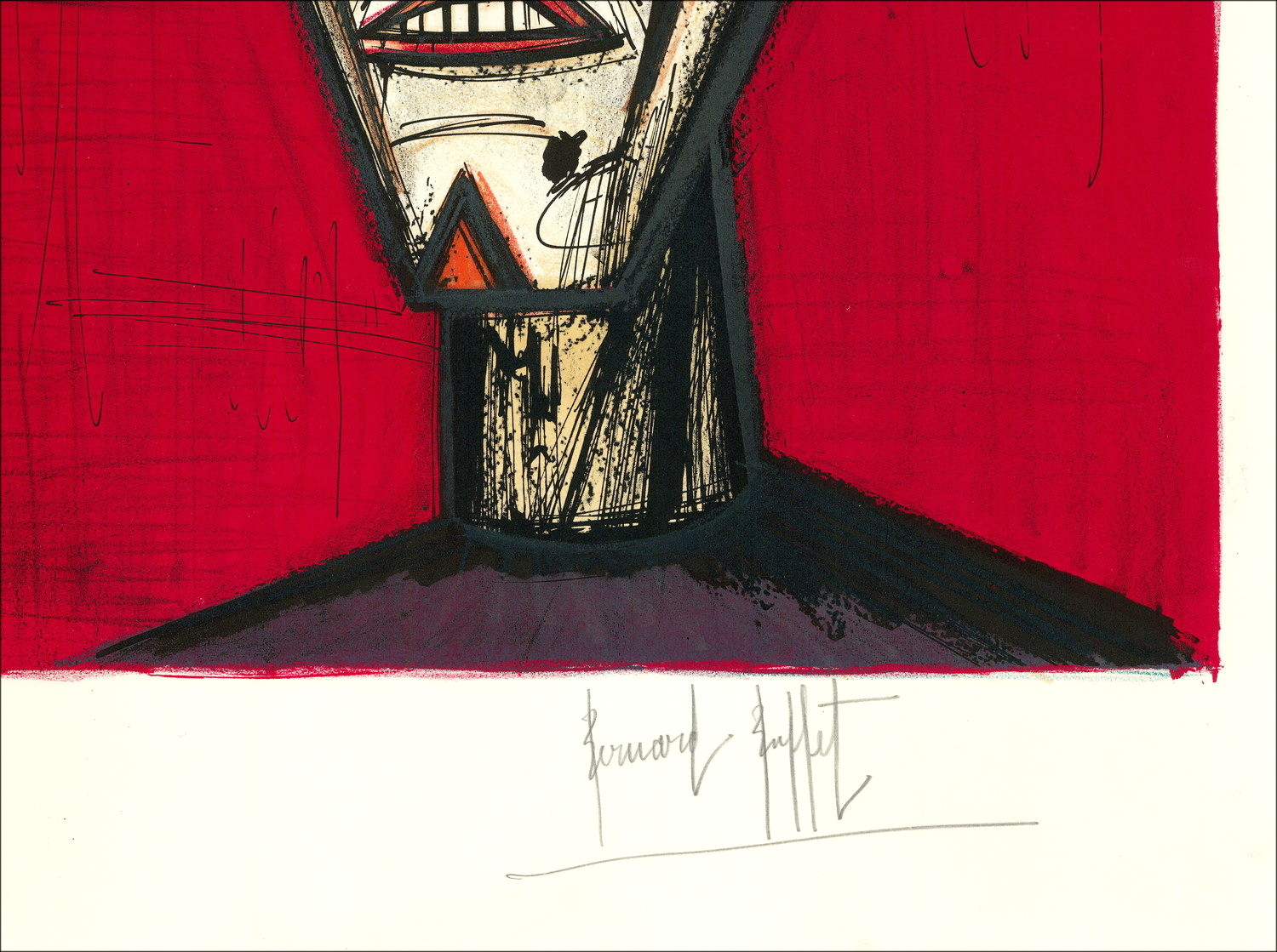 BUFFET Bernard - Original lithograph "Mon cirque, Clown in red background" 74x56cm - 1968
