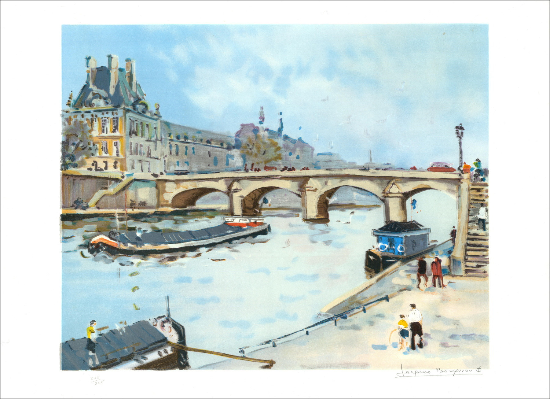 Jacques Bouyssou - Parigi, Quai de Seine, Ponte Reale | Litografia