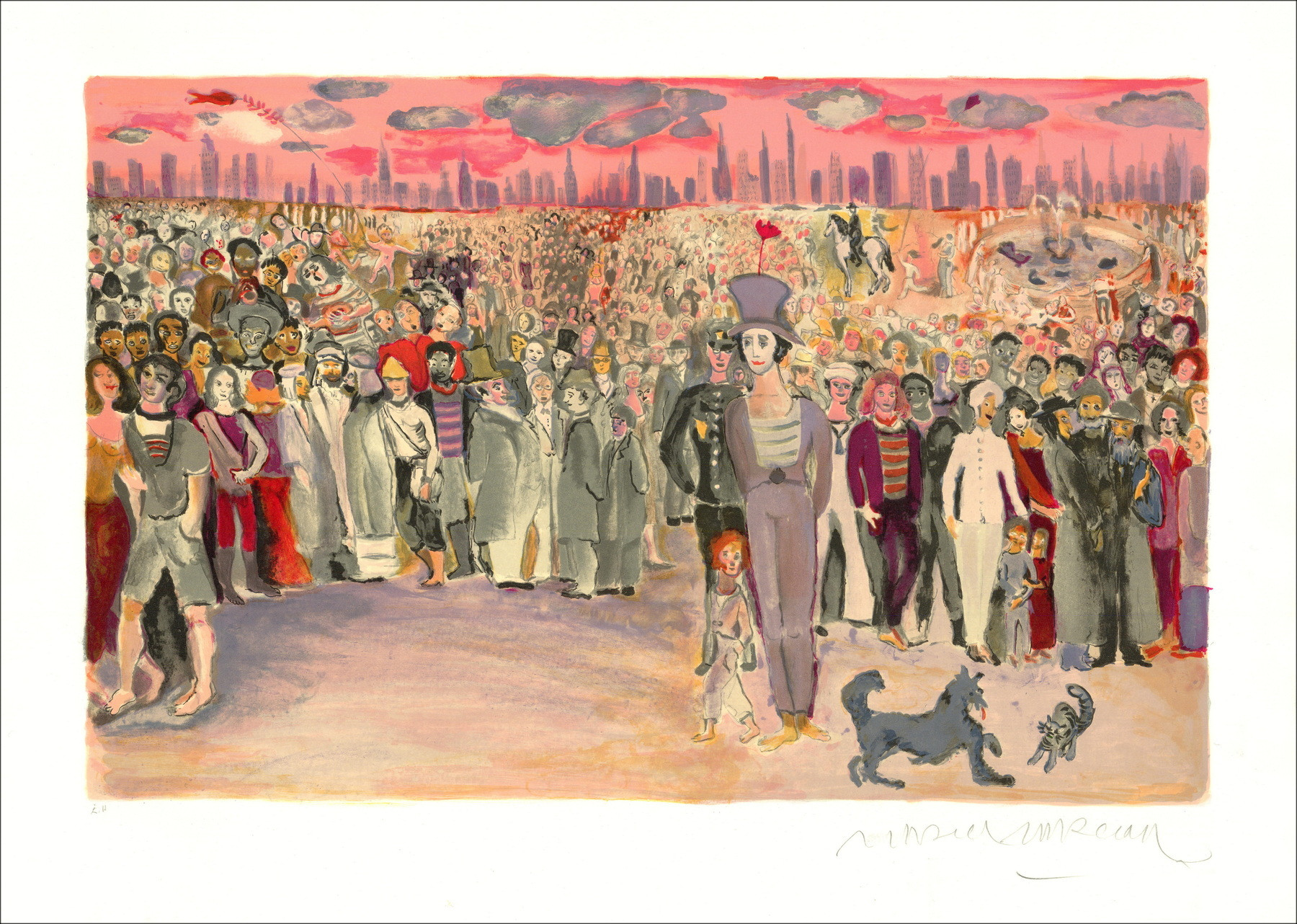 Marcel Marceau - Bip y la multitud alrededor de 1981 | Litografía