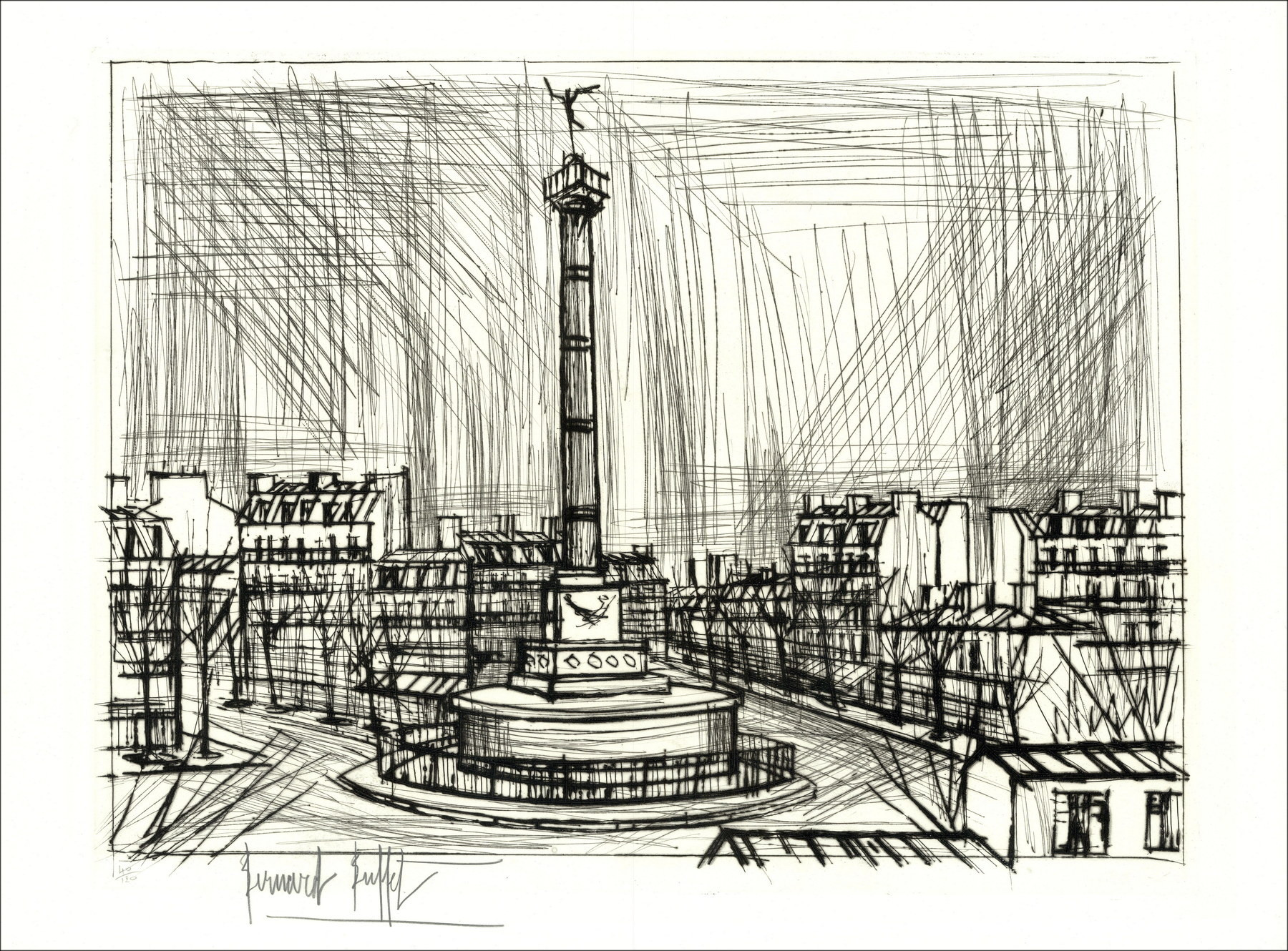 Bernard Buffet, Parijs, Place de la Bastille 1970, originele gravure