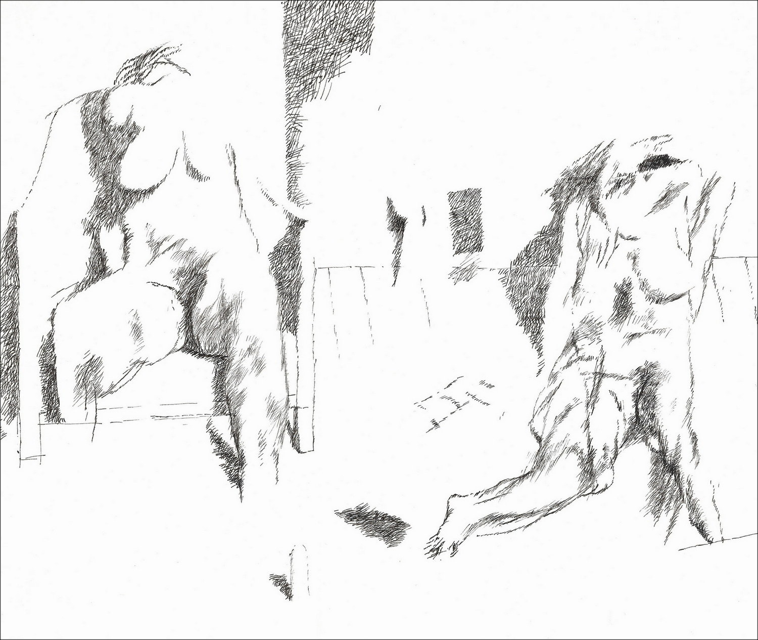 Jean Rustin | Dessin original 1974, Couple intérieur, encre signée