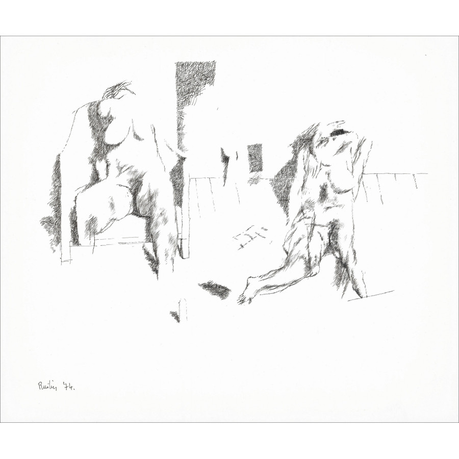 Jean Rustin | Originele tekening 1974, Interieur van een stel, ondertekend met inkt