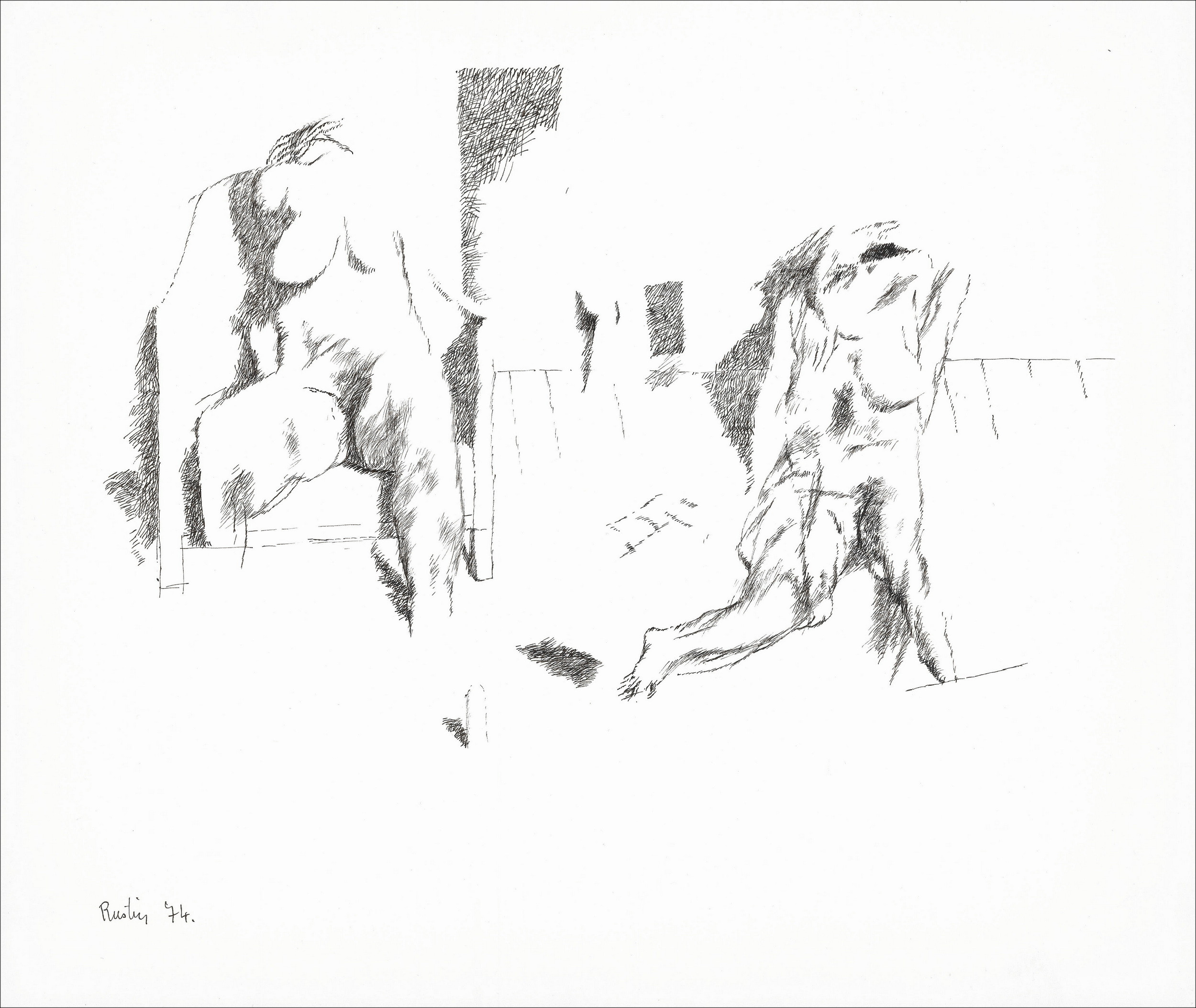 Jean Rustin | Dessin original 1974, Couple intérieur, encre signée