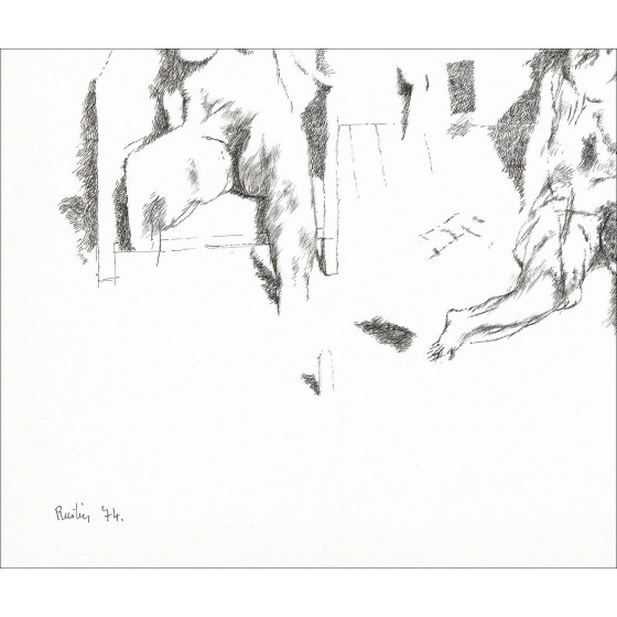 Jean Rustin | Originele tekening 1974, Interieur van een stel, ondertekend met inkt