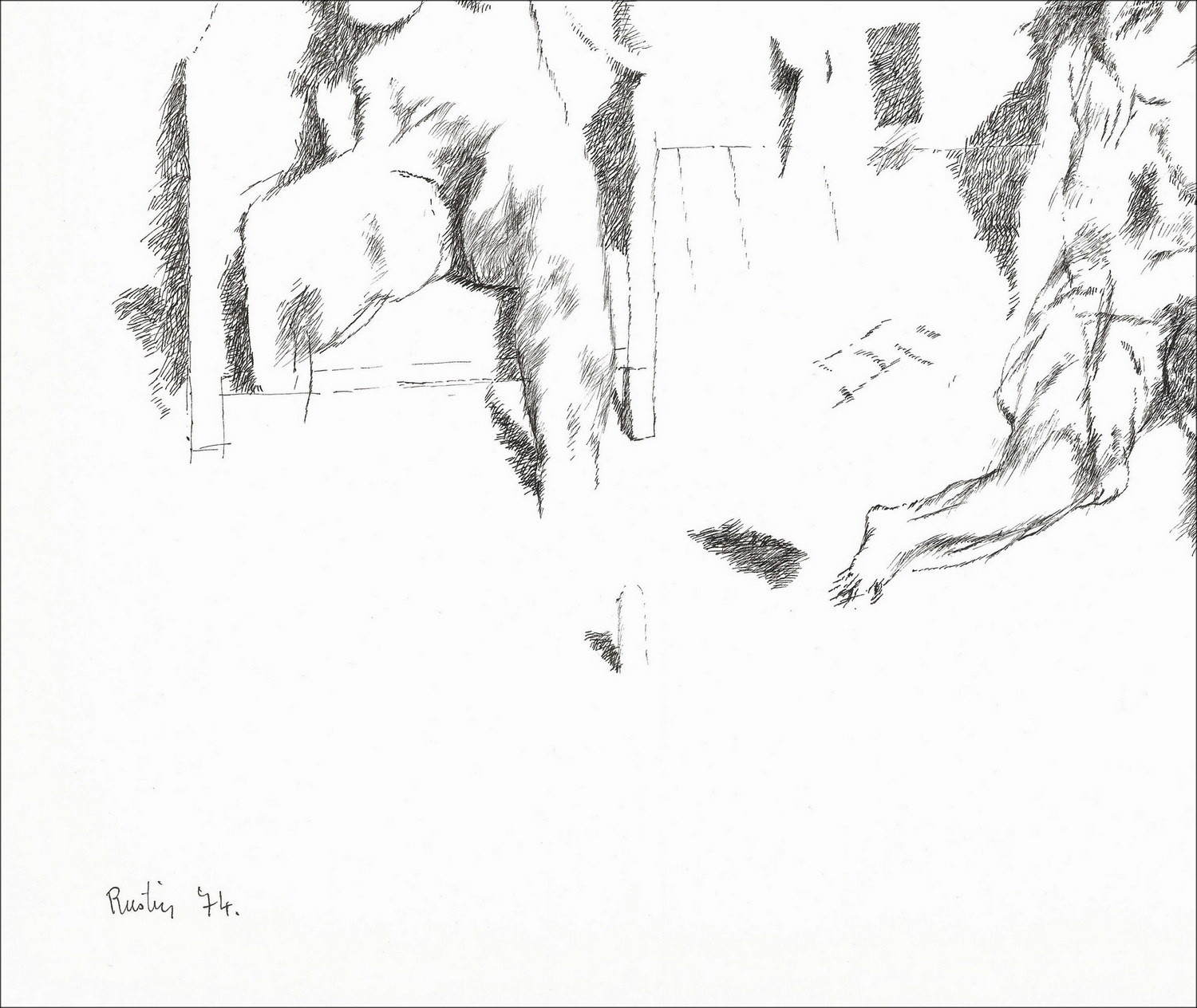 Jean Rustin | Dibujo original de 1974, Pareja interior, tinta firmada