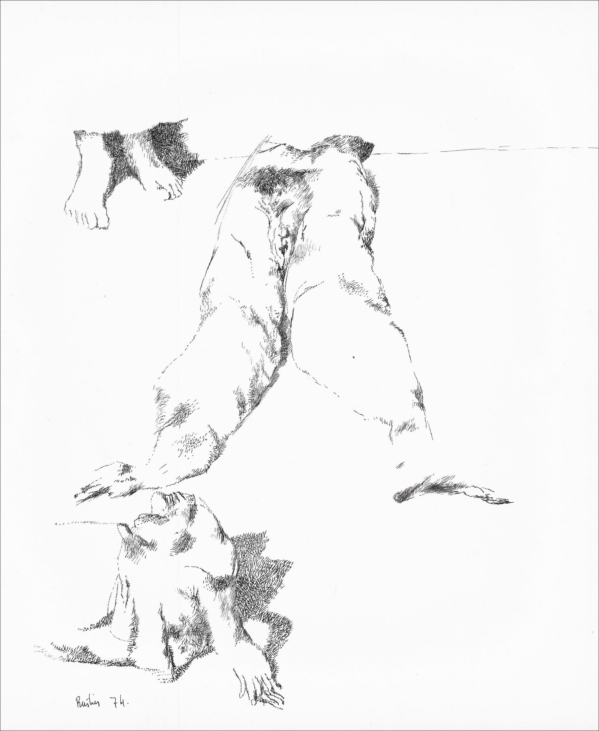 Jean Rustin | Originele tekening 1974, Personen op stoel, inkt