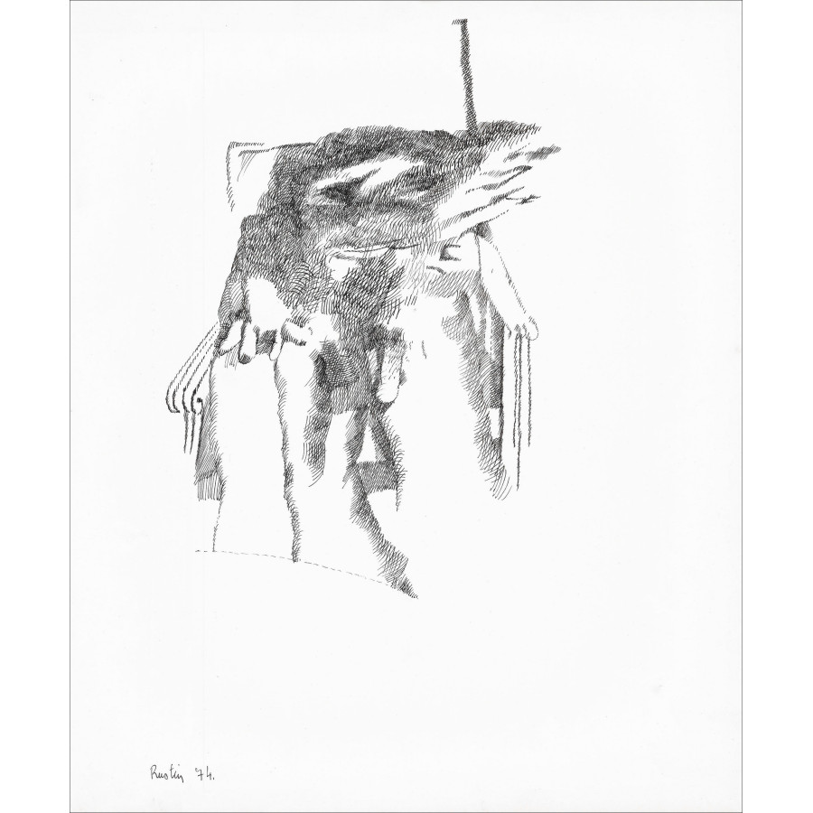 RUSTIN Jean - Disegno originale ad inchiostro "Personaggio sulla sedia" 37x31cm - 1974