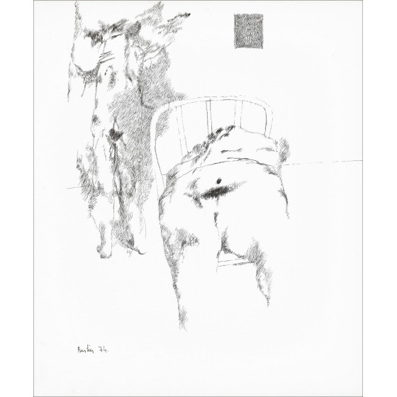 Jean Rustin | Disegno originale del 1974, Personaggi sulla sedia, inchiostro