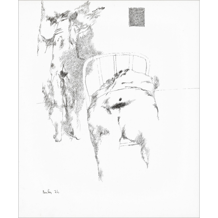 Jean Rustin | Originele tekening 1974, Personen op stoel, inkt