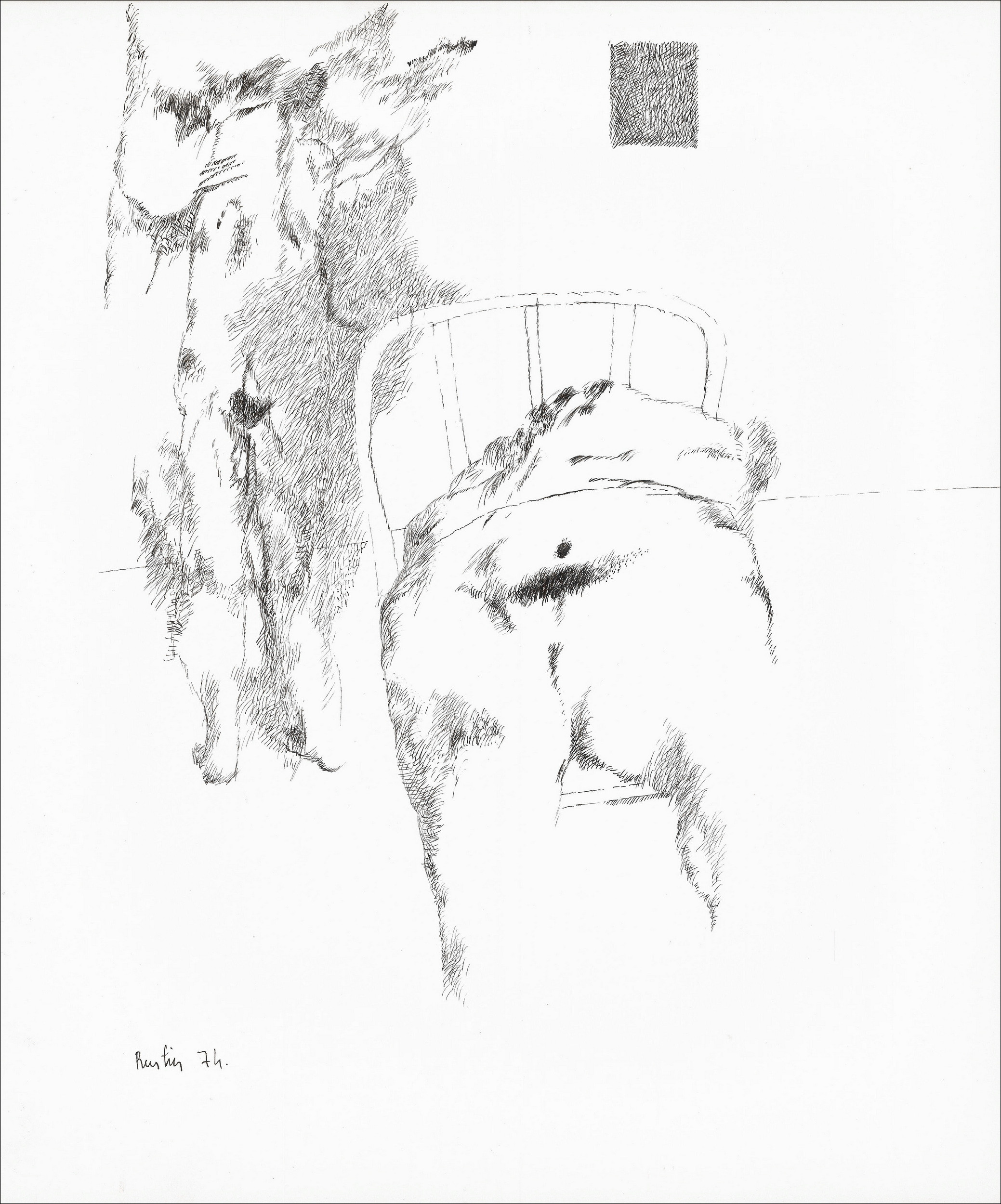 Jean Rustin | Originele tekening 1974, Personen op stoel, inkt