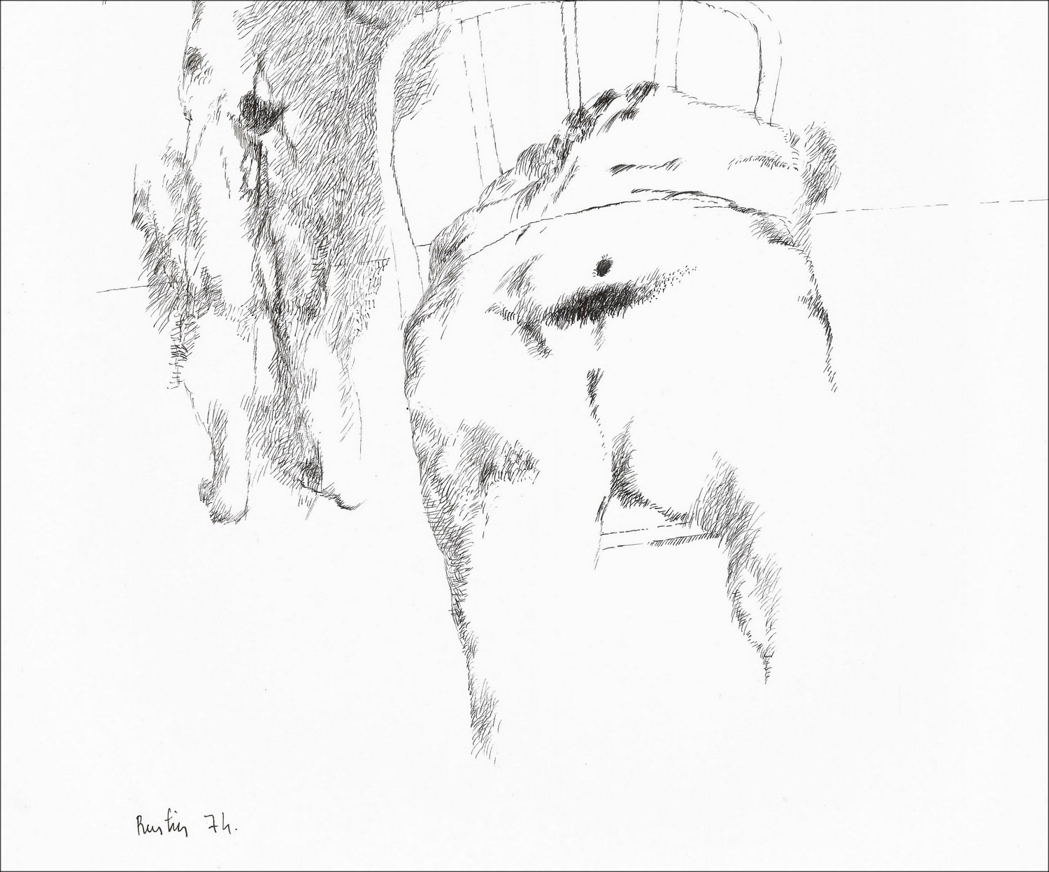 Jean Rustin | Originele tekening 1974, Personen op stoel, inkt