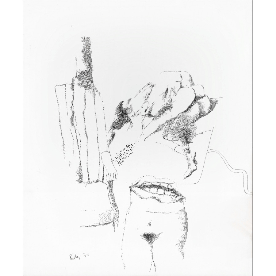 Jean Rustin | Dessin original 1974, Composition aux corps fragmentés