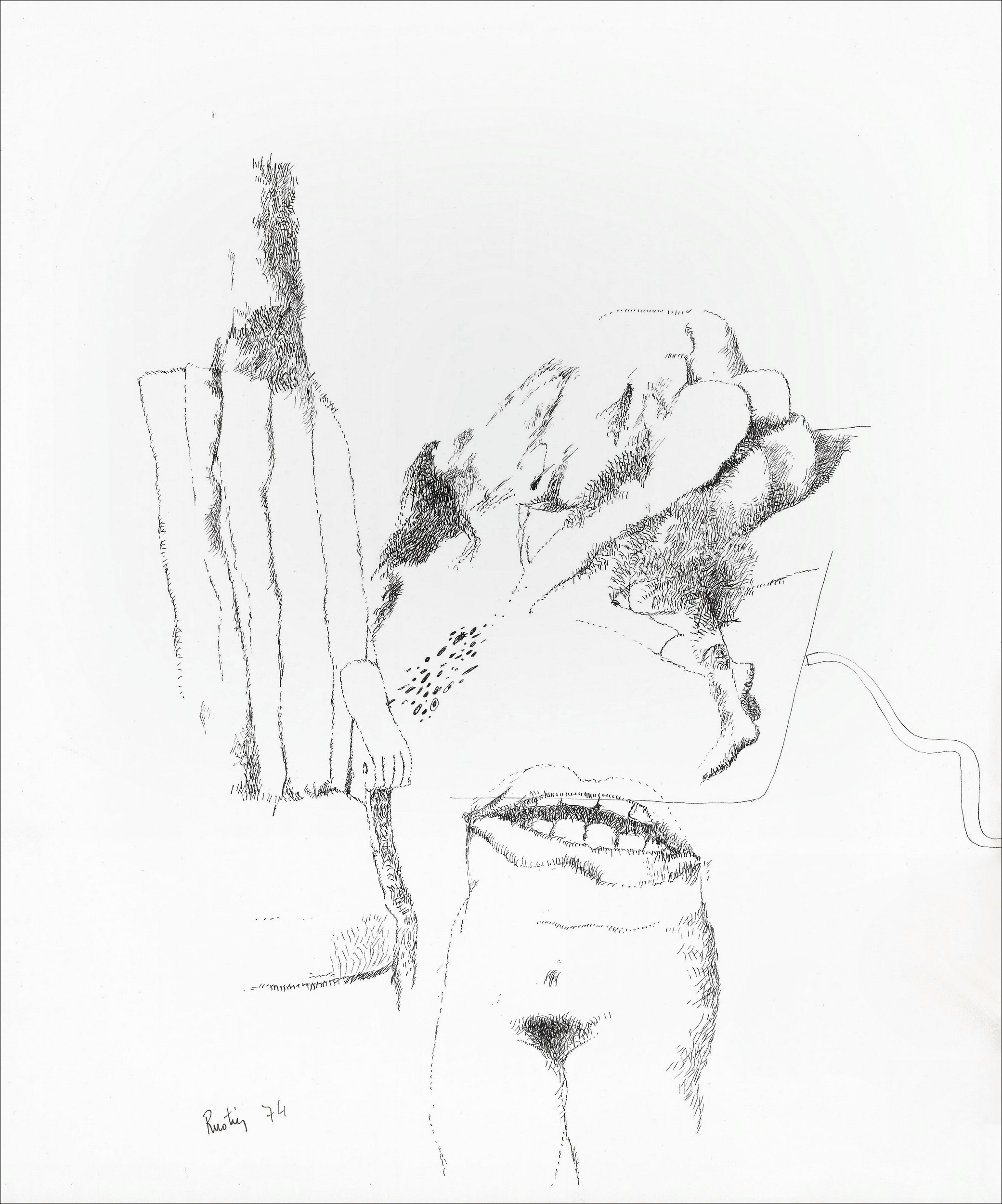 Jean Rustin | Dibujo original de 1974, Composición con cuerpos fragmentados