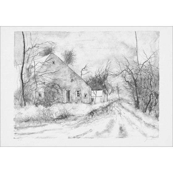 Bernard Gantner, Hameau en hiver, lithographie originale
