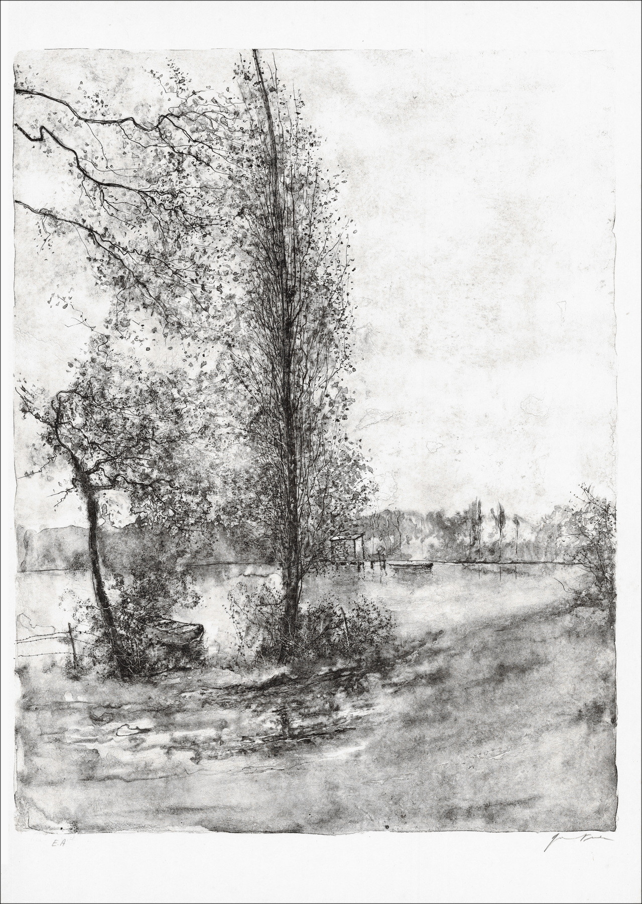 Bernard Gantner, Lo stagno e le barche, litografia originale