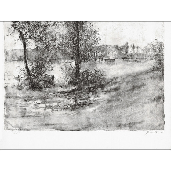 Bernard Gantner, L'étang et les barques, lithographie originale