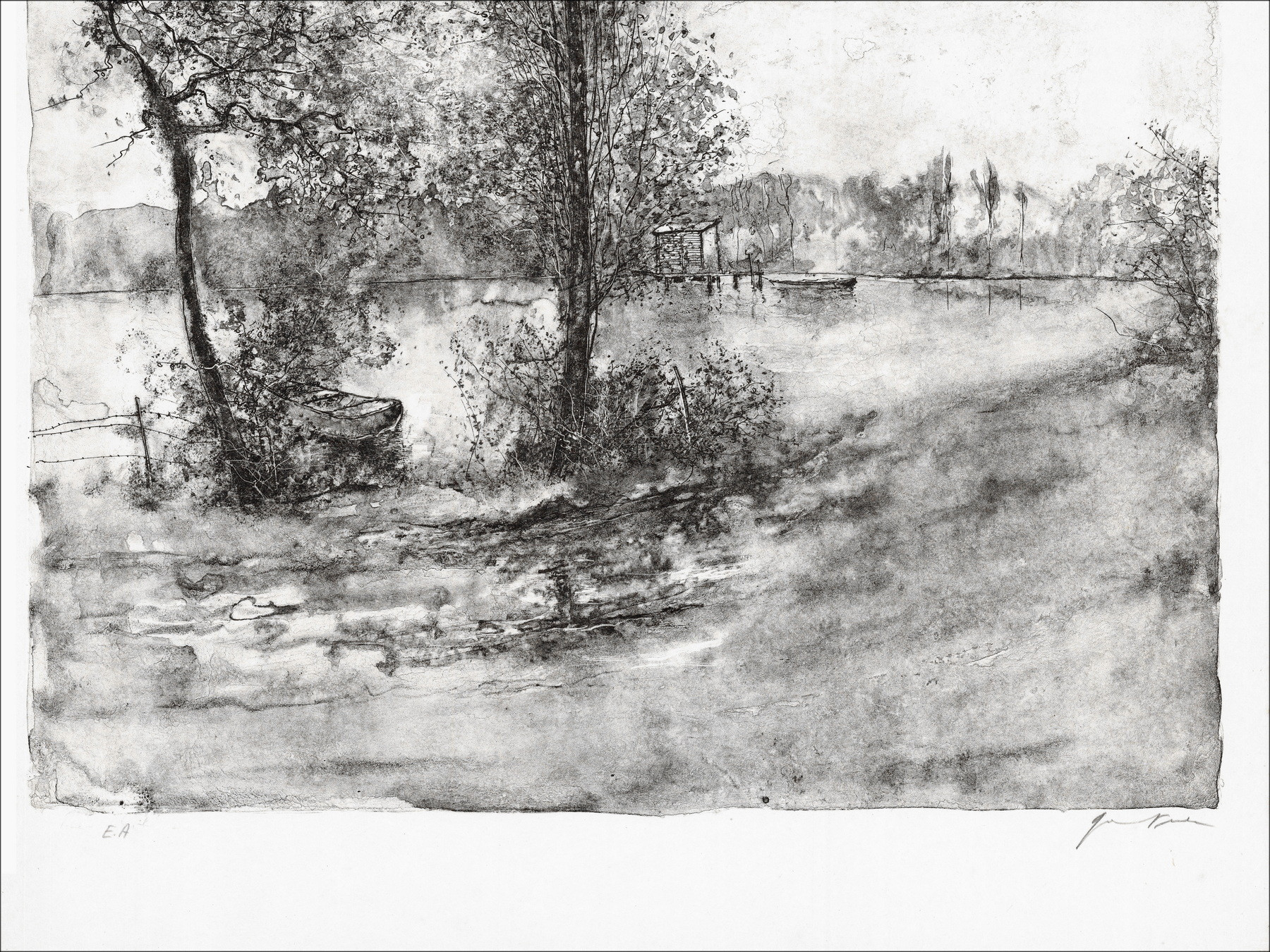 Bernard Gantner, El estanque y las barcas, litografía original