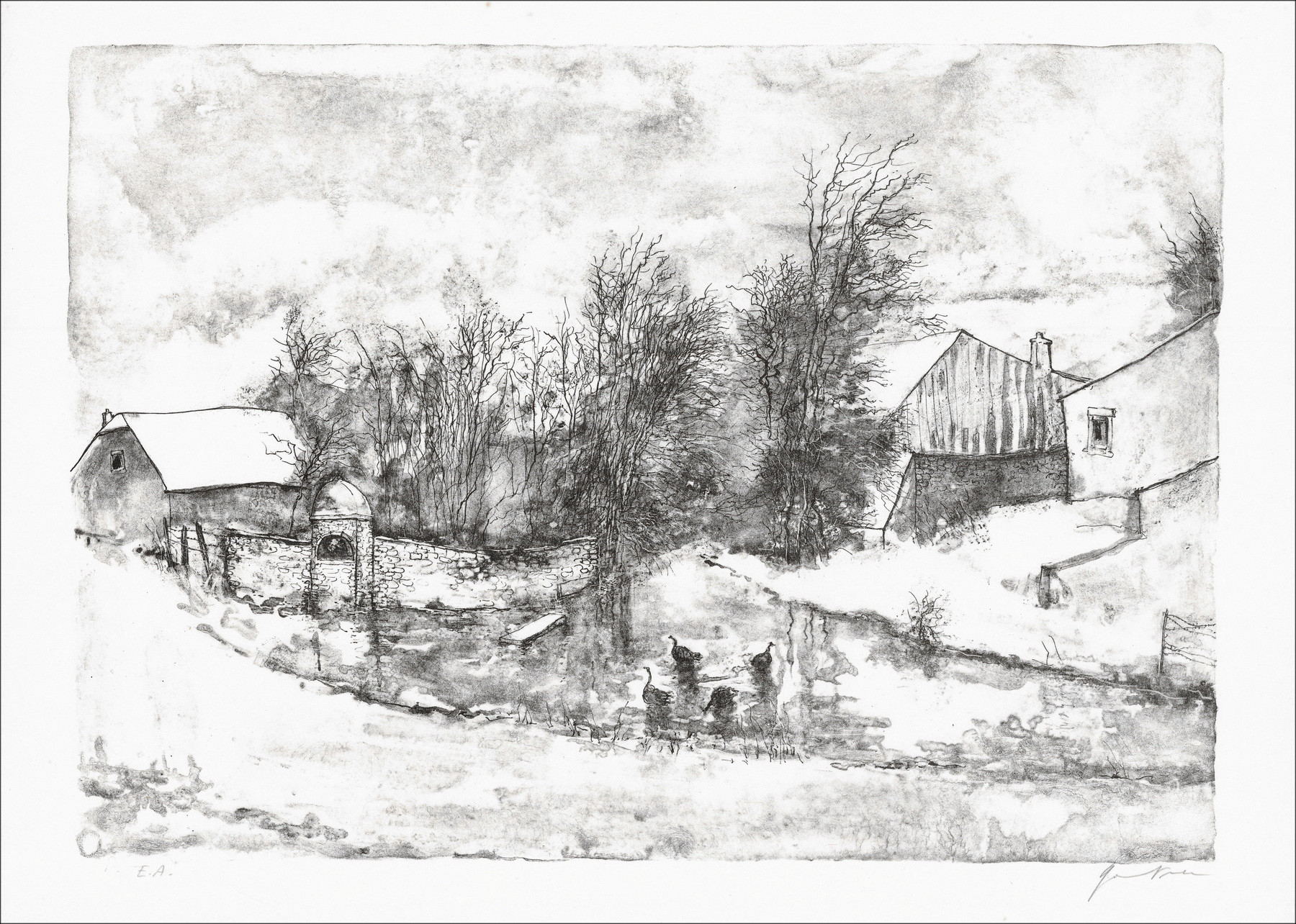 Bernard Gantner, Der Bach im Winter, Original-Lithographie