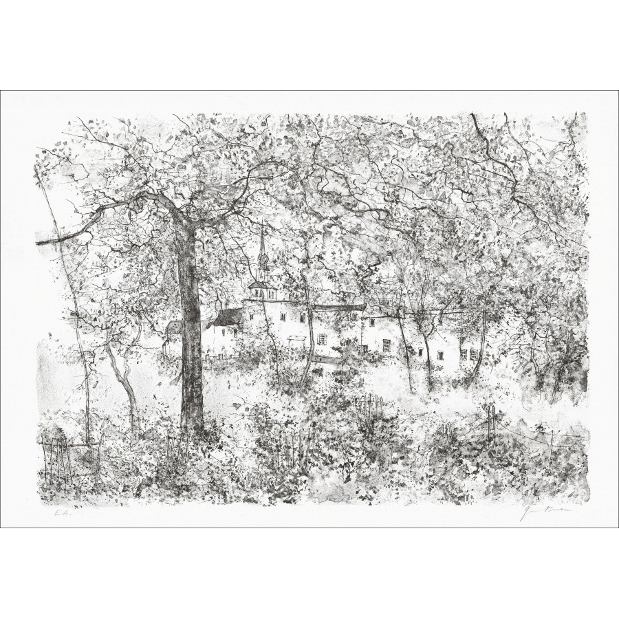 Bernard Gantner, View of the village, original lithograph