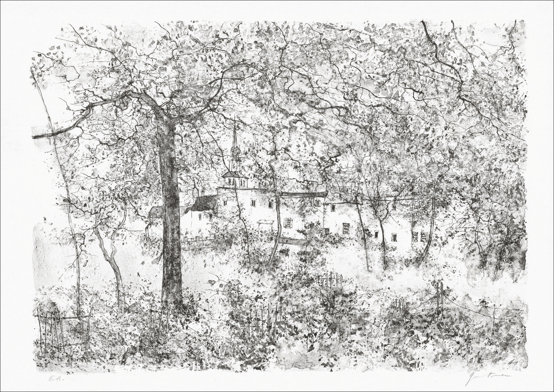 Bernard Gantner, View of the village, original lithograph