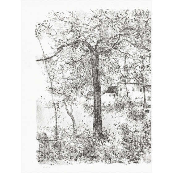 Bernard Gantner, View of the village, original lithograph