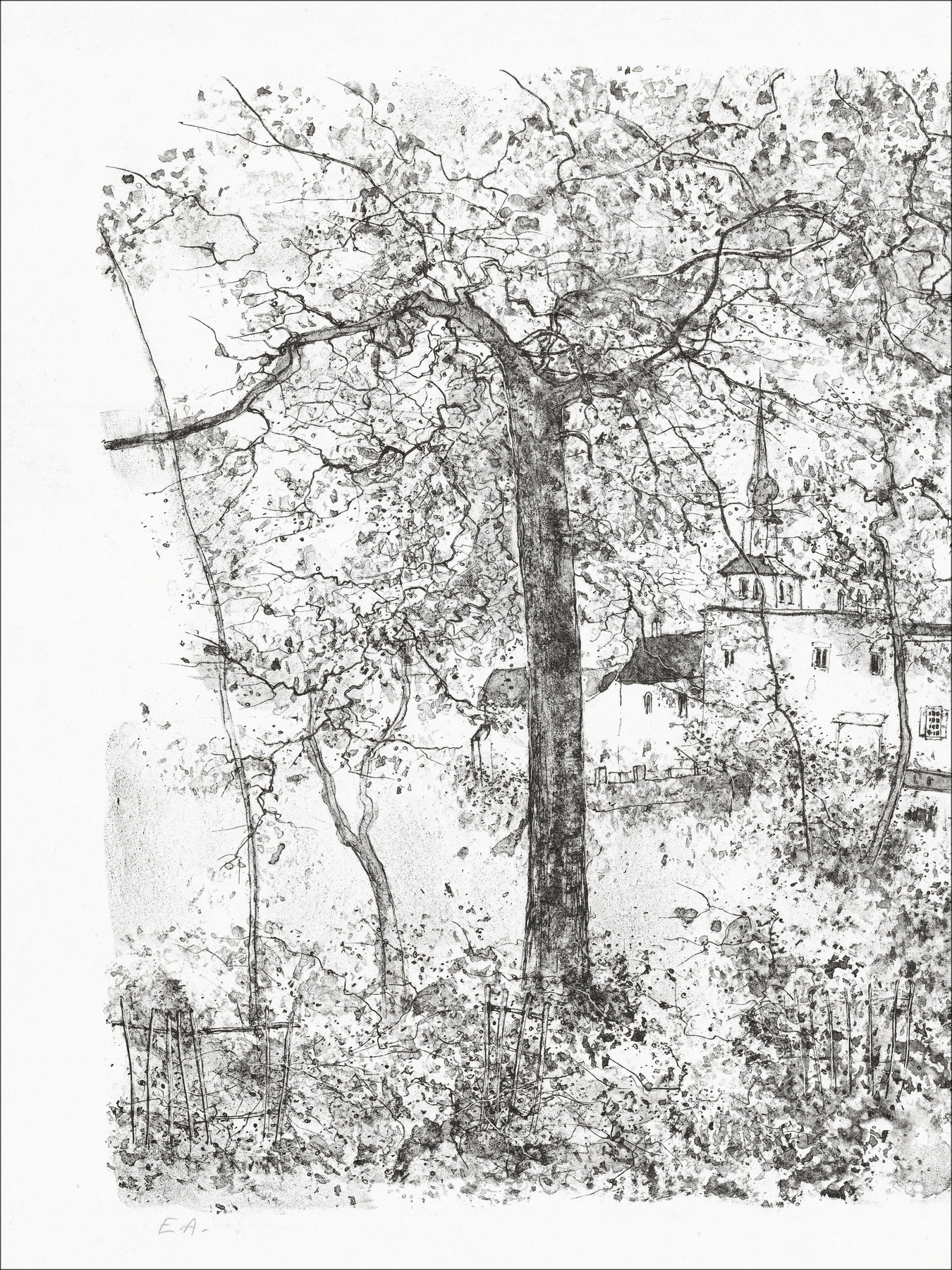 Bernard Gantner, View of the village, original lithograph