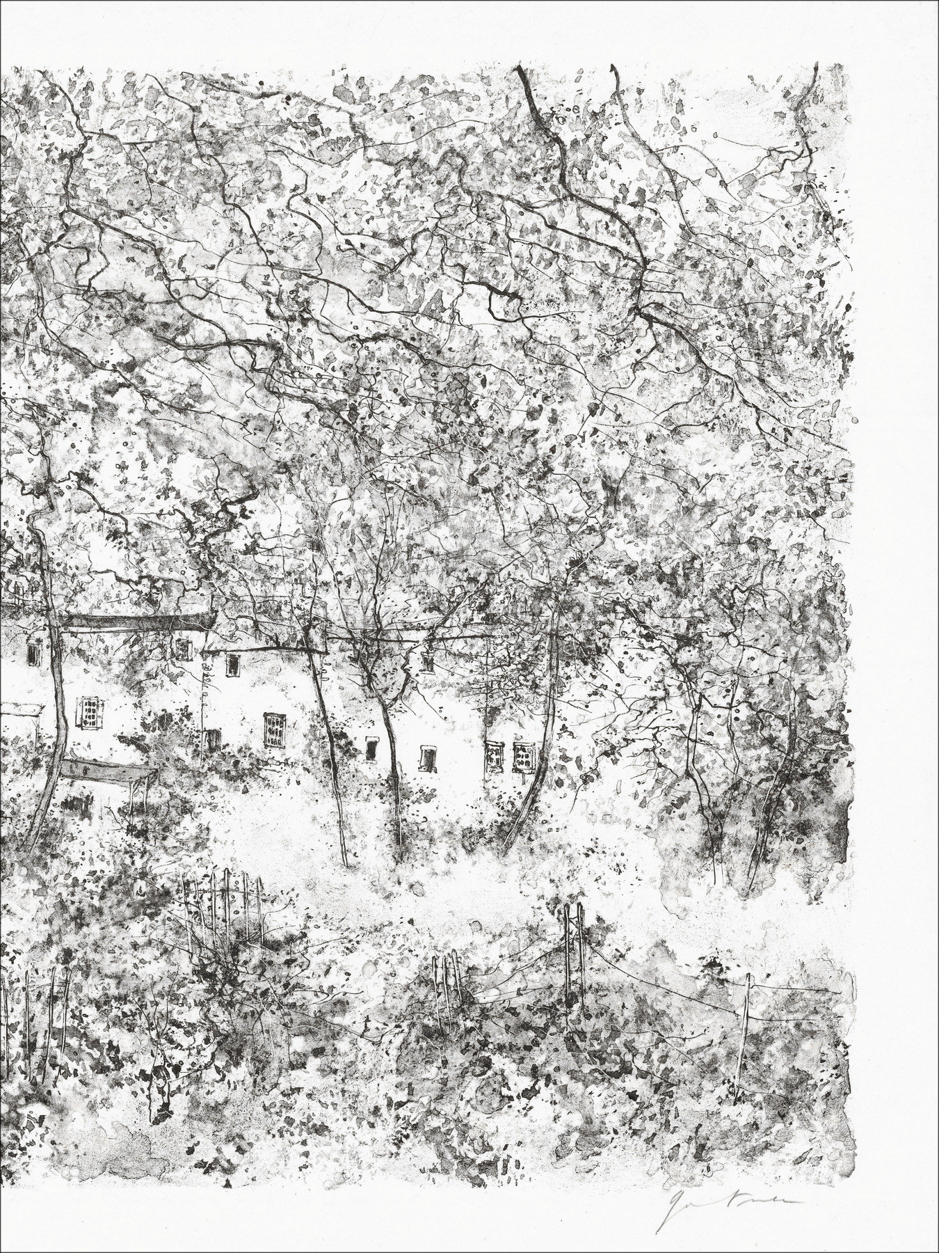 Bernard Gantner, View of the village, original lithograph