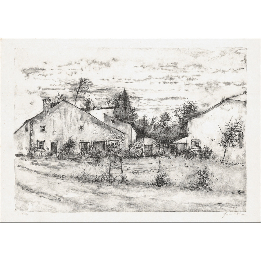 Bernard Gantner, Devant les maisons, lithographie originale