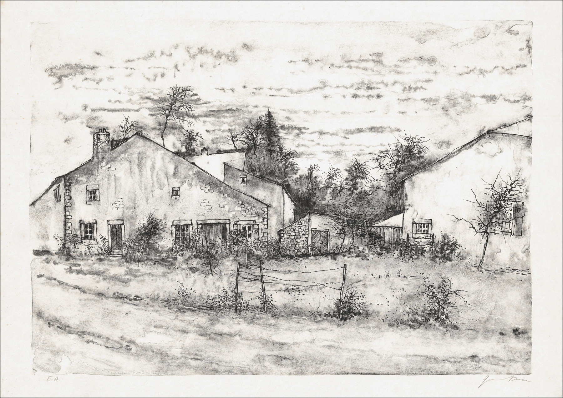 Bernard Gantner, Devant les maisons, lithographie originale