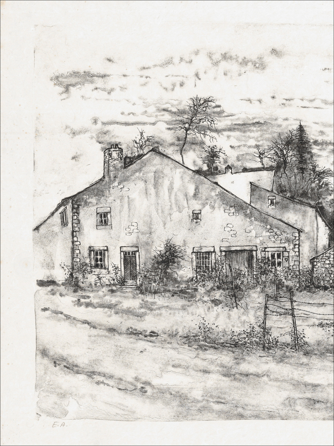 Bernard Gantner, Devant les maisons, lithographie originale