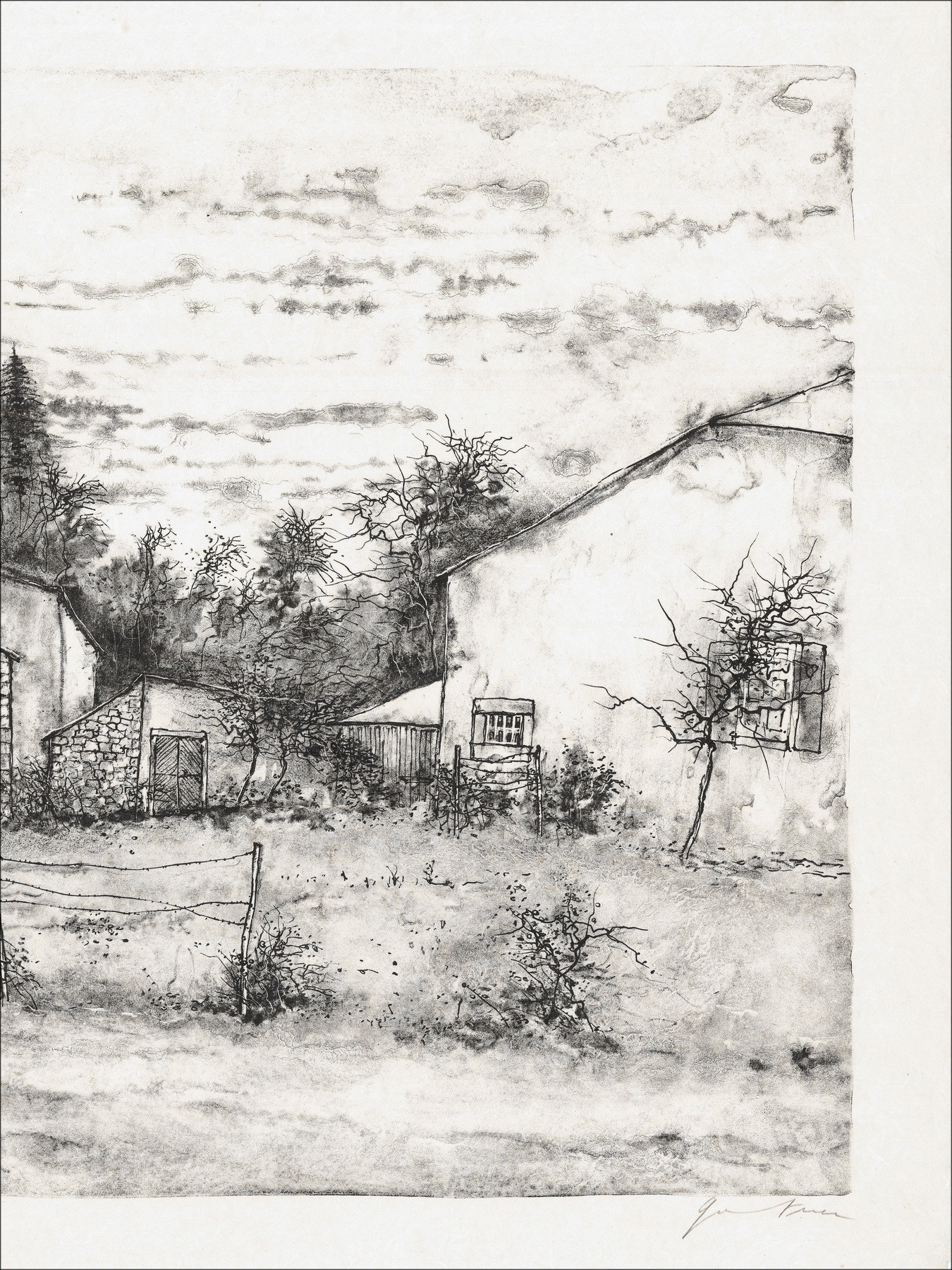 Bernard Gantner, Devant les maisons, lithographie originale