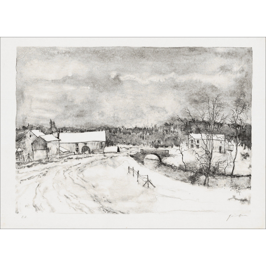 Bernard Gantner, Camino del pueblo en invierno, litografía original